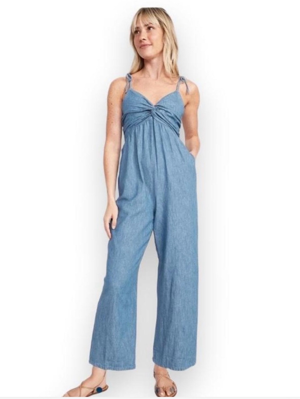 Old Navy Jumpsuit Sz XL Light Blue Wide-Leg Tie-Shoulder Denim Twist Front